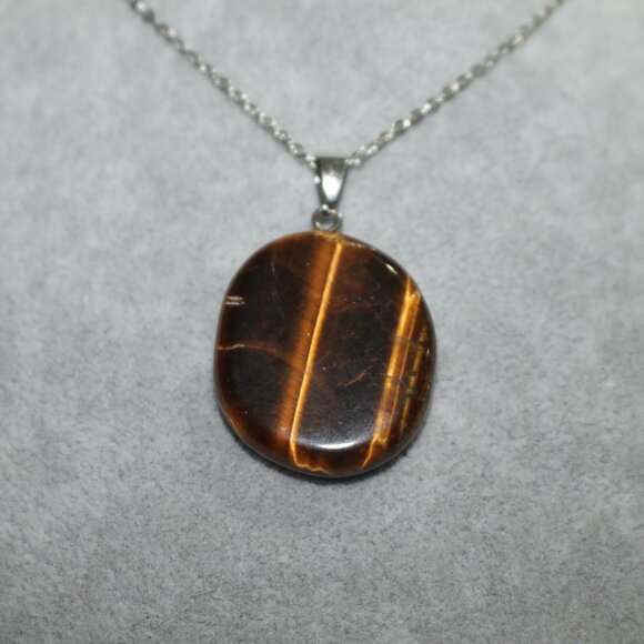 Tiger’s Eye Polished Stone Pendant Necklace – Natural Brown Gem Charm - Picture 2 of 6
